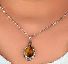 Handcrafted 92.5 Sterling Silver Pendant with Teardrop Shaped Tiger Eye Stone