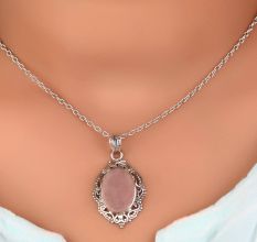 92.5 Sterling Silver Pendant Rose Quartz Decorative Border Pendant
