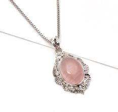 92.5 Sterling Silver Pendant Rose Quartz Decorative Border Pendant