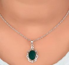 92.5 Sterling Silver Pendant Green Onyx with Engraved Border