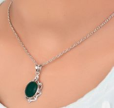 92.5 Sterling Silver Pendant Green Onyx with Engraved Border
