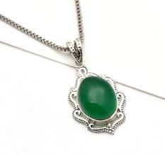 92.5 Sterling Silver Pendant Green Onyx with Engraved Border