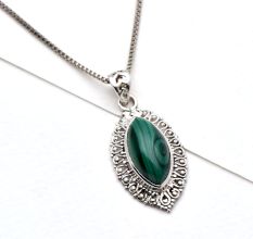 92.5 Sterling Silver Pendent Green Malachite With Traditional Border Design