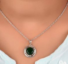 92.5 Sterling Silver Pendant Round Cut Stone Green Onyx Round Engraved Border