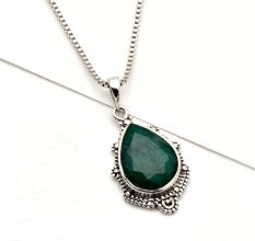92.5 Sterling Silver Pendant With Oval Shape Green Malachite Cut Stone Pendant