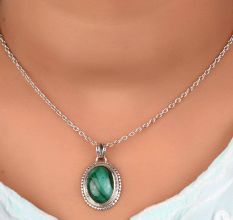 92.5 Sterling Silver Pendant Oval Green Malachite Border Design