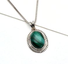 92.5 Sterling Silver Pendant Oval Green Malachite Border Design