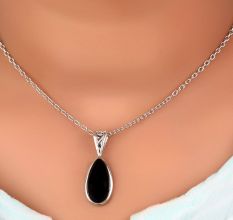 92.5 Sterling Silver Black Onyx  Pendant In Long Oval Shape