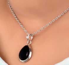 92.5 Sterling Silver Black Onyx Teardrop Shaped Pendant