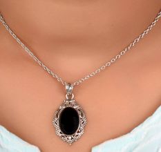 92.5 Sterling Silver Black Onyx Oval Shaped Designer Pendant