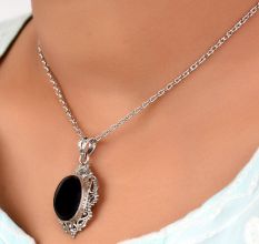 92.5 Sterling Silver Black Onyx Oval Shaped Designer Pendant