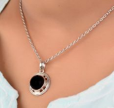 92.5 Sterling Silver Black Onyx Round Shaped Designer Pendant