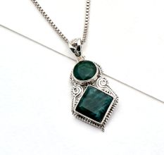 92.5 Sterling Silver Green Malachite Pendant In Square And Round Shape