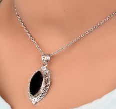 92.5 Sterling Silver Pendant Big Oval Black Onyx Decorative Pendant