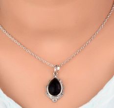 92.5 Sterling Silver Pendant Big Teardrop Decorative Border Onyx Stone Pendant