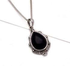 92.5 Sterling Silver Pendant Big Teardrop Decorative Border Onyx Stone Pendant