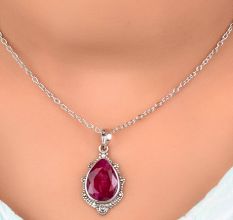 92.5 Sterling Silver Pendant Big Tear Drop Red Spinel Studded Silver Pendant