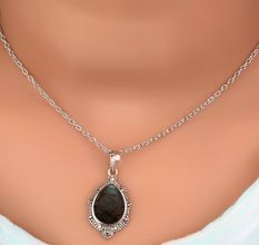 92.5 Sterling Silver Pendant Natural Black Jasper Pear Semi Precious Stone