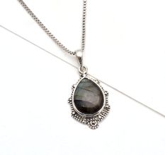 92.5 Sterling Silver Pendant Natural Black Jasper Pear Semi Precious Stone