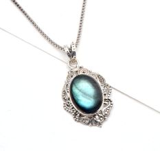 92.5 Sterling Silver Pendant Labradorite Semi Precious Stone Engraved Border