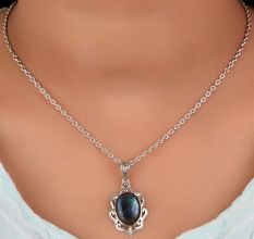 92.5 Sterling Silver Earrings Glowing  Oval Shaped Labradorite Engraved  Pendant