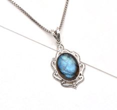 92.5 Sterling Silver Earrings Glowing  Oval Shaped Labradorite Engraved  Pendant