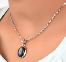 92.5 Sterling Silver Pendant Big Oval Shaped Labradorite Pendant