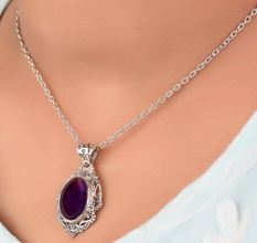 92.5 Sterling Silver Pendant Big Oval Shaped Amethyst Pendant
