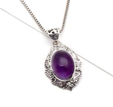 92.5 Sterling Silver Pendant Big Oval Shaped Amethyst Pendant