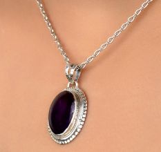 92.5 Sterling Silver Pendant Big Oval Shaped Amethyst Rope Design Pendant