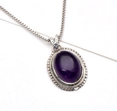 92.5 Sterling Silver Pendant Big Oval Shaped Amethyst Rope Design Pendant