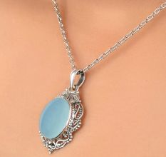 92.5 Sterling Silver Pendant Aqua Chalcedony Gemstone Pendant