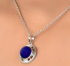 92.5 Sterling Silver Pendant Round Blue Tourmaline Gemstone Pendant