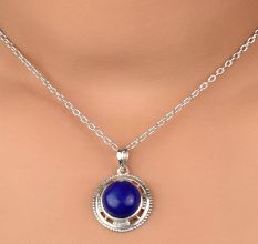 92.5 Sterling Silver Pendant Round Blue Tourmaline Gemstone Pendant