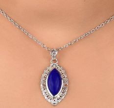 92.5 Sterling Silver Pendant Marquise Shaped Blue Tourmaline Gemstone Pendant