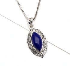 92.5 Sterling Silver Pendant Marquise Shaped Blue Tourmaline Gemstone Pendant