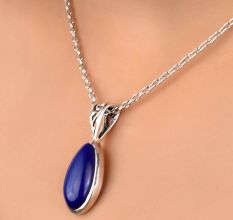 92.5 Sterling Silver Pendant Long Teardrop Shaped Blue Tourmaline Gemstone Pendant