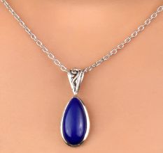 92.5 Sterling Silver Pendant Long Teardrop Shaped Blue Tourmaline Gemstone Pendant