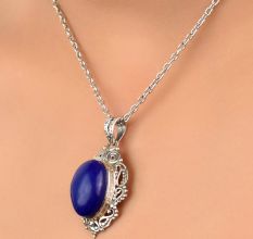 92.5 Sterling Silver Pendant Oval Shaped Blue Tourmaline Gemstone Pendant