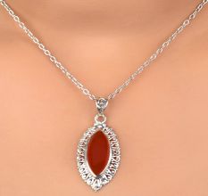 92.5 Sterling Silver Red Carnelian Pendant Marquise Delicate Wedding Gift