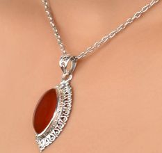 92.5 Sterling Silver Red Carnelian Pendant Marquise Delicate Wedding Gift