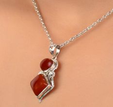 92.5 Sterling Silver Pendant Round And Square Tiered Red Carnelian Stone