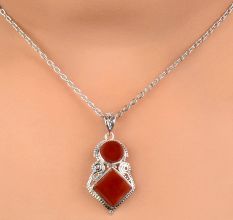 92.5 Sterling Silver Pendant Round And Square Tiered Red Carnelian Stone