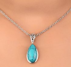 92.5 Sterling Silver Pendant Long Teardrop Shaped Blue Turquoise Gemstone Pendant