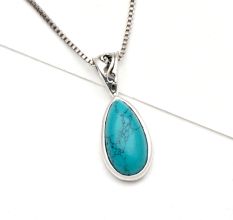 92.5 Sterling Silver Pendant Long Teardrop Shaped Blue Turquoise Gemstone Pendant
