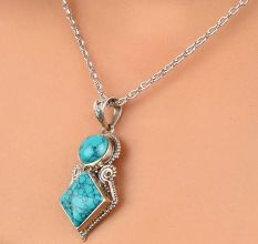 92.5 Sterling Silver Pendant Round And Square Tiered Blue Turquoise Stone