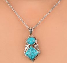 92.5 Sterling Silver Pendant Round And Square Tiered Blue Turquoise Stone