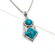 92.5 Sterling Silver Pendant Round And Square Tiered Blue Turquoise Stone