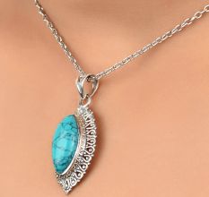92.5 Sterling Silver Turquoise Pendant Marquise Delicate Wedding Gift