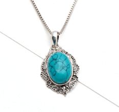 92.5 Sterling Silver Turquoise Pendant Big Oval Designer Pendant Jewelry